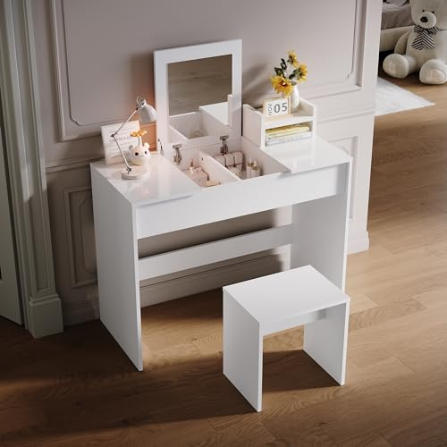 SONNI Frisiertisch, Schminktisch mit Klappspiegel, Hocker, Weiß, 100x45x76cm