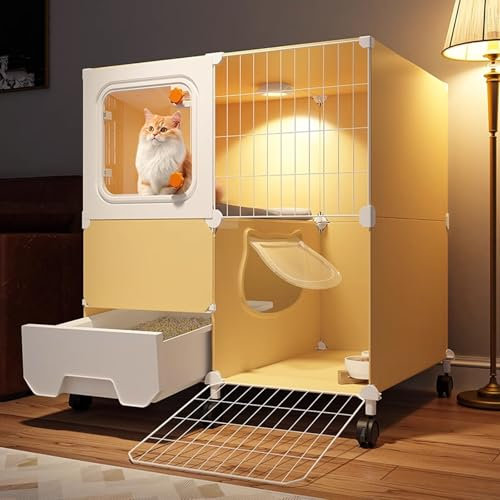 Katzengehege Outdoor Winterfest XXL mit Rädern, Katzenhaus Indoor 2 Etagen mit Katzentoilette, Leicht Zu Reinigen und Zu Montieren, Katzenkäfig mit Tür(70 * 35 * 78cm)