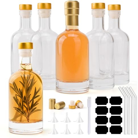 V·Colokishi 6 Stück Kleine Glasflaschen zum Befüllen, 100ml Mini Glasflaschen, Likörflaschen, Schnapsflaschen, Shot Flaschen Kleine Flaschen zum Befüllen für Likör, Wodka, Wein, Whisky, Getränke, Öl