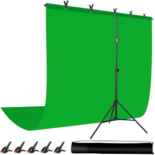 Green Screen Backdrop Stand Kit - Fondo de pantalla verde portátil de 5 x 6,5 pies con soporte en forma de T y 5 clips para streaming, juegos, zoom