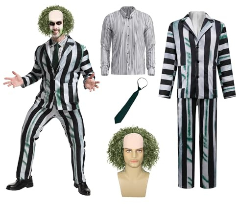 AKFJDLAD Herren Horror Cosplay Schwarz Weiß Gestreiftes Anzug mit Zubehör | Schwarz Weiß Gestreifter Anzug mit Perücke Krawatte Halloween Karneval Fancy Dress up Cosplay Kostüm