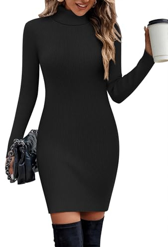 Hotouch Abito da Donna Abito in Maglia A Maniche Lunghe con Collo Alto Elegante Caldo E Aderente Vestito Invernale Nero M