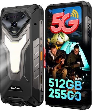 Ulefone Armor 34 Movil Resistente 5G, 25500mAh 66W 32GB+512GB/SD-2TB Android 15 AI Smartphone 6,95” FHD+ Teléfono Movil 120Hz con LED de 1100LM, 50MP+64MP Visión Nocturna, Diseño de 4 LED IR/OTG/NFC