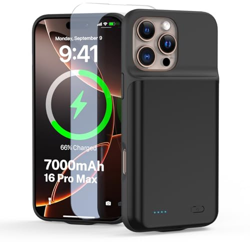 YONHUIZI Akkuhülle für iPhone 16 Pro Max (6,9), 7000mAh Wiederaufladbar Batterie Ladehülle Akku mit Panzer Schutz Glas, Powerbank Hülle Zusatzakku Akku Case Akku Ladehülle Handyhülle -Schwarz