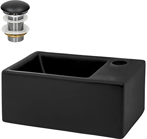 LuxeBath Waschbecken Keramik Schwarz 350x205x125 mm eckig mit Ablaufgarnitur Schwarz, Einbauwaschbecken mit Hahnloch rechts, Aufsatzwaschbecken Einbauwaschtisch Waschschale Waschplatz Handwaschbecken