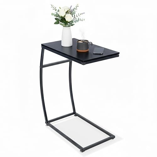 Relaxdays Tavolino da Divano a Forma di C, HLP: 58,5x47,5x25 cm, Tavolo Laterale Salotto e Letto, Ferro e MDF, Nero