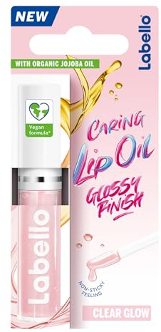 Labello Caring Lip Oil Clear Glow, zart glänzendes Lippenöl mit 100% natürlichen Ölen, vegane* Lippenpflege für ein glossy Finish (5,5 ml)