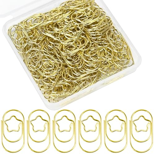 CONJURAIDE 130 Stück Büroklammern Stern, Sternförminge Büroklammer Gold Büroklammern Oval Motiv Klein mit Transparentbox Paperclips für Büromaterial Aktenklammer Klassenzimmer