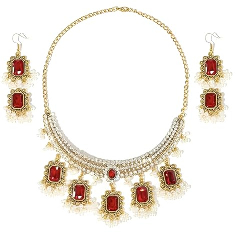 IMINI Vintage Indian Rectangle CZ Pearl Beaded Tassel Choker Necklace & Dangle Drop Hook Earrings Set, Antique Gold Tone Bollywood Ethnic Wedding Jewellery for Women (Red)