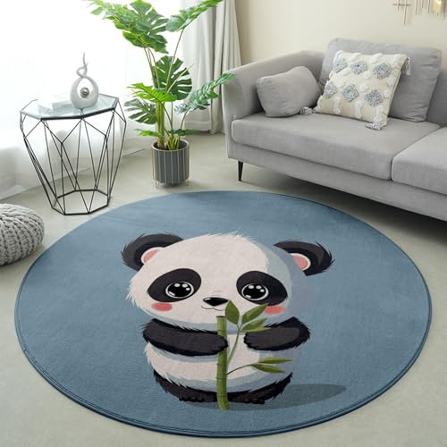 Teppich Rund 120 Blauer Panda Bambus Teppiche Wohnzimmer Schlafzimmer Anti Rutsch Dekorativ für Garten Terrasse Balkonteppich Waschbare Flauschiger Teppich