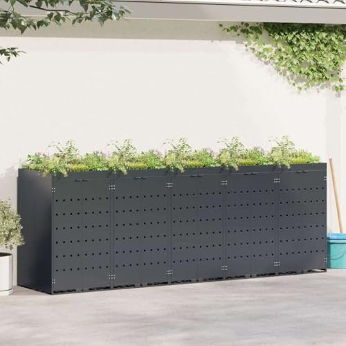 Amorsee Mülltonnenbox 5 Tonnen 120-240 Liter Tür inkl. Erweiterungsmöglichkeit Aufbewahrungsbox für Mülltonnen, Mülltonnenbox 5er Müllcontainer Con Pflanzen-Dach Anthrazit
