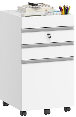 Hzuaneri Rollcontainer, Aktenschrank, abschließbarer Büroschrank mit 3 Schubladen, extra stauraum Oben, Schubladenschrank für DIN A4, Letter, für Büro, Homeoffice, 40 x 40 x 70 cm Weiß FC41003XV1