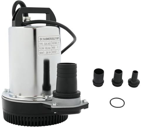 Pompa sommersa 24 V, 200 W DC in acciaio inox, IP56 con 3 adattatori per tubo, 3000 giri/min, acqua sporca per il prelievo di acqua (max. portata 100 l/min, altezza massima 10 m)