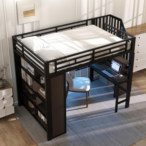 Letto a Soppalco con Scrivania per Bambini e Adulti, 140x200 cm, Nero | Metallo Ferro, Libreria grande, Scala a Gradini con Ripiani, LED integrata controllabile tramite App, Letto matrimoniale