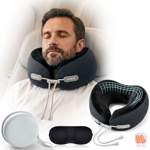 Aosun Coussin de Nuque de Voyage 4 en 1 en 1 avec Masque et Bouchon, Coussin Ergonomique en Mousse à mémoire de Forme et Coussin de Voyage, Appui-Nuque Doux pour Dormir, Accessoire de Voyage
