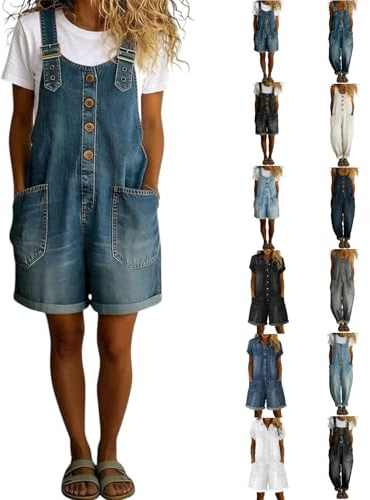 Generico Salopette Jeans Donna Estiva Corta Lunga Vintage - Tuta Jumpsuit Denim Elegante Larghi Leggeri Casual Curvy per Sera Lavoro Mare Ciclismo