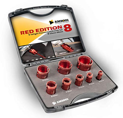 Amboss RED EDITION 8 M14 Set Ø 20/25 / 32/35 / 40/50 / 60/68 mm Diamant Bohrkrone - für Winkelschleifer - Trockenbohrkrone, Lochsäge, Lochbohrer für Feinsteinzeug, harte Fliesen, Granit
