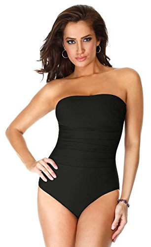 Miraclesuit Women's Swimwear Long Torso Solid Avanti Bandeau Underwire Bra One Piece Swimsuit, Black, 16L