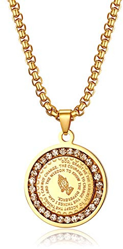 JewelryWe Schmuck Retro Herren Halskette Edelstahl Betende Hände Vaterunser Kreuz Bibel Gebet Runde Tag Anhänger 22 Zoll Kette mit kostenlos Gravur, Gold Silber