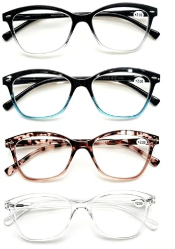 MODFANS Lot de 4 Lunettes de Lecture 2.0 Femme,Lunettes Loupe Monture Legere Branches a Ressort,Lunettes de Vue Noir-Bleu-Rose-Transparent