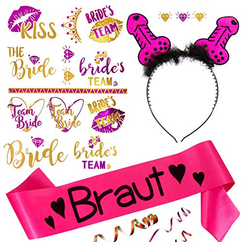 Oblique Unique® JGA Hochzeit Hen Party Accessoire Set - Braut Schärpe + Penis Haarreif + Bride/Team Bride Tattoo Set für Junggesellinnenabschied Pink Gold Schwarz