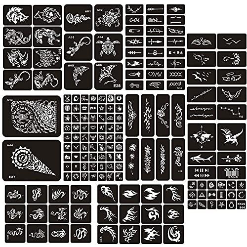 Jurxy 10 Blatt Tattoo Schablonen Glitter Temporäre Tätowierung Schwarz Selbstklebende Tattoos Schablone Arm Zurück Körperbemalung Wiederverwendbare Aufkleber für Männer Frau Kinder Mädchen - 007