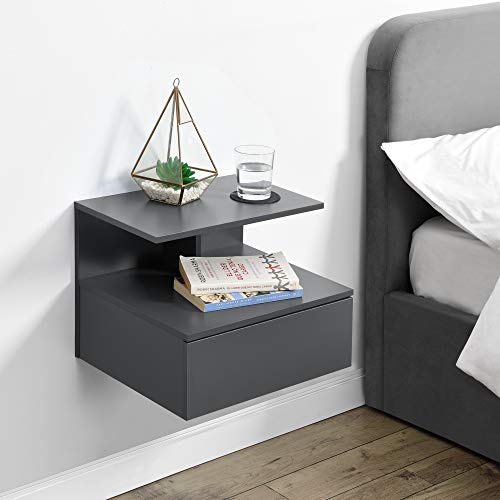 [en.casa] Nachttisch hängend Amberg Wandregal mit Schublade und 2 Ablageflächen 40 x 35 x 31 cm Nachtschrank Wandmontage Nachtkästchen Hängeregal Dunkelgrau