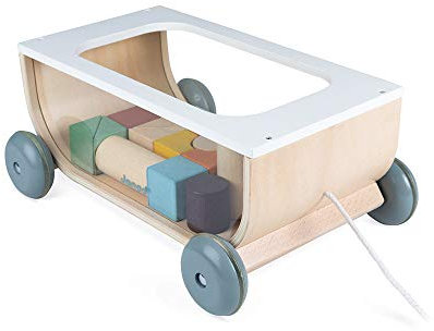 Janod - Bauklötzchen-Wagen aus Holz - Sweet Cocoon Kollektion - Baby- und Kleinkindspielzeug Farbe auf Wasserbasis - Spielzeug zum Ziehen - Laufen lernen - Ab 18 Monaten, J04407