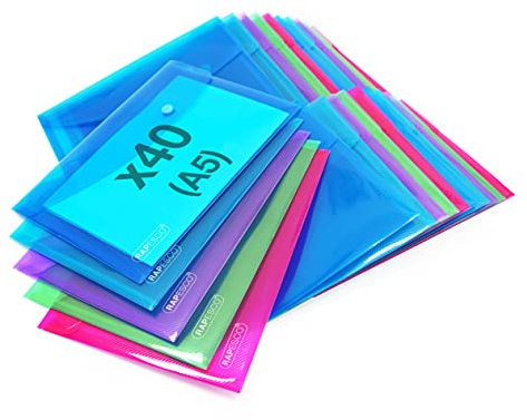 Rapesco 1680 ECO Recycelte Dokumentenmappe mit Druckknopf, A5, 40 Stück | Sortierte Transparente Farben