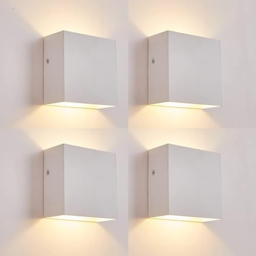 OOWOLF 4er-Set Wandleuchte Innen, 7W, 10x10x5cm, 3000K, Up-Down, Aluminium, Modern, für Flur, Schlafzimmer, Treppenhaus & Wohnzimmer, Weiß