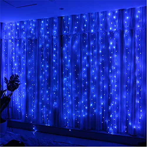 HXWEIYE 300LED Lichtervorhang 3mx3m USB, Fernbedienung, 8 Modi & Timer | Verstellbare Helligkeit, Hängende Innen-Lichterkette für Ramadan, Hochzeit, Zuhause, Wand- und Schlafzimmerdeko (Blau)
