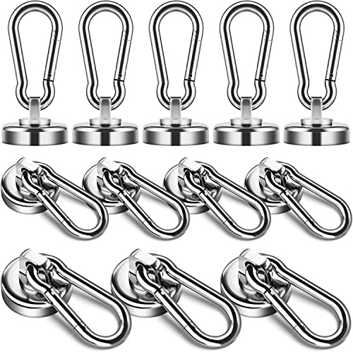 12 Pack Heavy Duty Magnetic Hooks with Swiveling Carabiner, Strong Neodymium Magnets - Dia 25 MM, Holds Up to 50 LBS - Ideal for Fridge, Kitchen, Bathroom, Locker, BBQ Grill