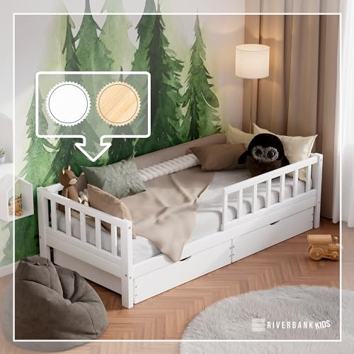 RIVERBANK Kinderbett 90x200 mit Rausfallschutz. (weiß) Kleinkind Jugendbett Massivholz Kiefer Bettgestell mit Lattenrost & Schubladen Stauraum. Kinder Bett für Mädchen oder Jungen