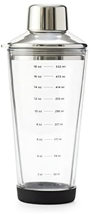 Rabbit 18 oz Glass Cocktail Shaker with Printed Measurements, Multi-Use Stainless Steel Topper with 1.5 oz Jigger Cap and Strainer, 3.94 x 3.54 x 9.06 IN