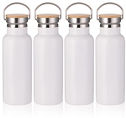 PYD Life Sublimationswasserflasche, Rohlinge, weiß, 480 ml, Edelstahl, Sportflasche, Vakuumflasche mit Bambusdeckel für Becher, Wärmepresse, Sublimationsdruck, 4 Stück