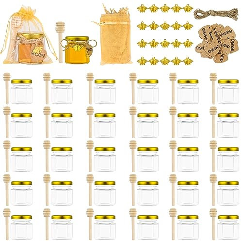Weinsamkeit 30 Pack sechseckige Mini-Honiggläser aus Glas mit Holzlöffeln, goldenen Deckeln, Bienenanhängern, Jute, goldenen Geschenktüten perfekt für Babyparty, Hochzeitsgeschenke, Partygeschenke