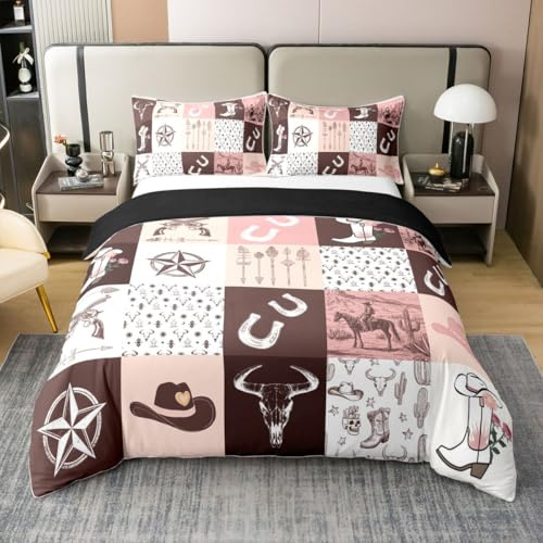 Western 100% Cotton Duvet Cover Full, Cowgirls Bedding Set For Girls Women, American Wild West Patchwork Texas Stars Comforter Cover, Boho Arrows Horseshoe Bull Skull Gun Pink Brown Quilt Cover