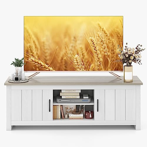 KOMFOTTEU Meuble TV Bas pour Téléviseur jusqu'à 65 Pouces, Banc TV avec 2 Armoire à Porte et Étagères Ouvertes à 2 Niveaux, Meuble Téle pour Salon, Chambre, 145 x 39,5 x 49,5 cm (Blanc + Gris)