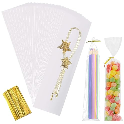 100 Piezas Bolsas de Celofán Transparentes, 7 * 25cm Bolsas Plástico Transparente para Regalos, Bolsas de Polipropileno y Celofan, Bolsas Transparentes para Chuches, con 100pcs Lazos de Torsión