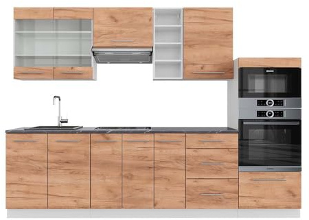 Vicco Küchenzeile Fame-Line, Goldkraft Eiche/Weiß, 280 cm, AP Anthrazit, zur individuellen Erweiterung durch passende Zusatzmodule