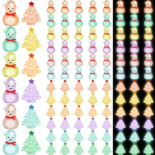 Vertintong 96 Pcs Luminous Christmas Tree and Snowman Figurines Glow in Dark Mini Resin Christmas Tree and Snowmen Set Miniature Christmas Winter Figurines for DIY Landscape Table Party Decoration