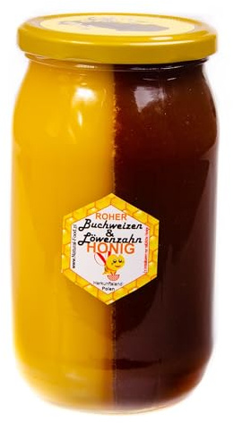 Natural Food - Miel cruda, natural y sin aditivos - Sin filtrar, sin calefacción, miel pura y sin procesar - Sabor auténtico - 2 en 1 miel de trigo sarraceno y miel de diente de león - 1,1 kg