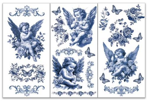 OLYCRAFT 3 Stück/Set Engel Abziehbilder Zum Aufreiben Für Möbel Und Kunsthandwerk 15x30cm Barock Dekor Transferaufkleber Französischer Vintage Blauer Engel Abziehbilder Zum Aufreiben