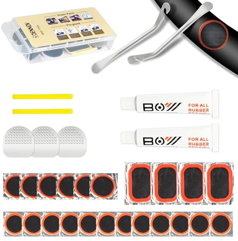 DN DENNOV 32 pezzi Kit Riparazione per Bici, leva per pneumatici di bicicletta, Kit Riparazione Pneumatici Bici con 22 toppe per camera d'aria senza colla per mountain bike MTB, BMX, e-bike e scooter