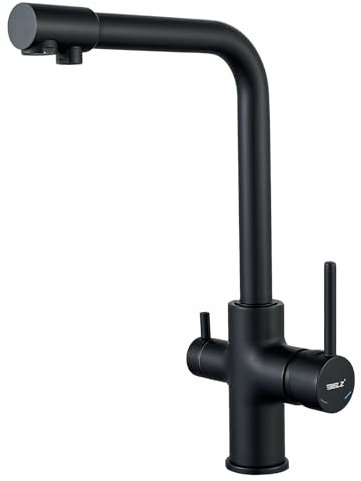 BELZ 3 Way Kitchen tap Double Lever 360° Swivel Mixer Tap with Drinking Filtered Water Outlet Durable Brass Rod Mixing Faucet Low Pressure Classic Design (Purified Water-Black)