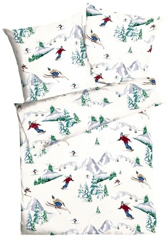 Kaeppel Fein Biber Bettwäsche 2 TLG. 135x200cm Alpin Allover Skifahrer Berge Winterlandschaft Offwhite Grün Rot