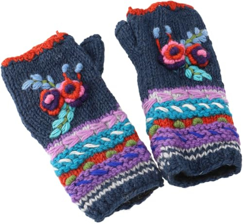 GURU SHOP Handstulpen aus Wolle mit Blume, handgestrickte Pulswärmer | Handgestrickt in Nepal, weiches Fleece-Futter, Länge ca. 22 cm, modisches Accessoire für kalte Tage.
