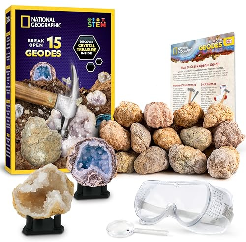 NATIONAL Geographic 15 Premium-Geoden Aufbrech-Set – Mit Schutzbrille, Lernleitfaden & 3 Ausstellungsständern – Großartiges Mint Wissenschaftsspielzeug & Lernset