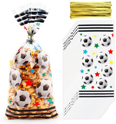 Zi Lan 50 unidades de bolsas de celofán con motivos futbolísticos Bolsas de regalo para fiestas de fútbol Bolsas de golosinas para fiestas de cumpleaños de equipos - Blanco y negro