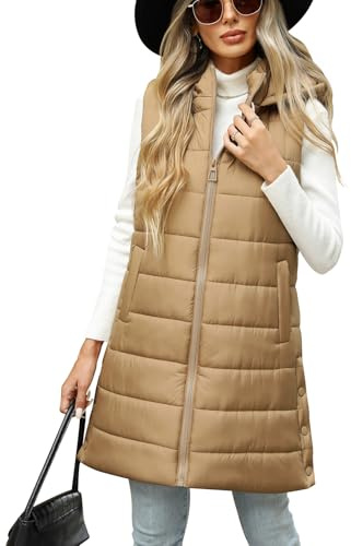 CMTOP Gilet Donna Lungo con Cappuccio Leggero Trapuntato Smanicato Cappotto Elegante Zip Giacca Autunno Invernale Cotone Caldo Giubbotto Casual Imbottito Parka da Esterno con Tasca(Khaki, L)